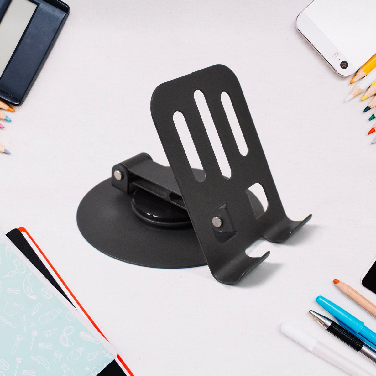 Premium Adjustable Metal Mobile & Tablet Stand – 360° Rotating, Foldable, Heavy-Duty Desk Holder
